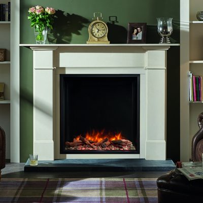 Skope 75 R Inset With Log Pebble Fuel Effects In Claremont Limestone Mantel