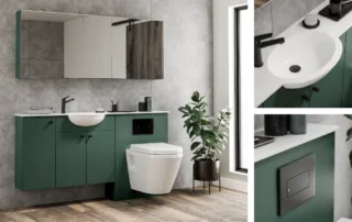 Modern fitted bathroom with leaf green matt units, wall-hung toilet, and mirrored storage