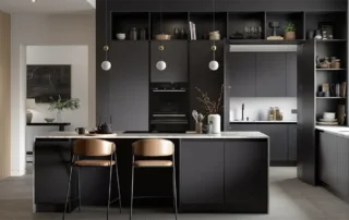 Pure Carbon kitchen featuring matte black cabinets, marble worktops, and open shelving with contemporary styling