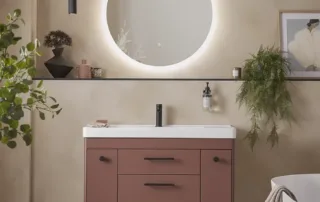 Contemporary bathroom with rose vanity unit, round LED mirror, and neutral plaster walls