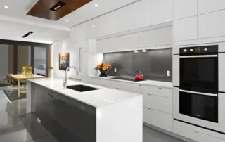 Sleek white gloss kitchen with island and black glass splashback